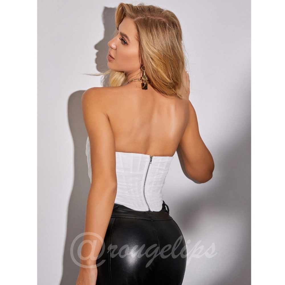 White Corset Style Mesh Strapless Top Ruched - Picture 2 of 8